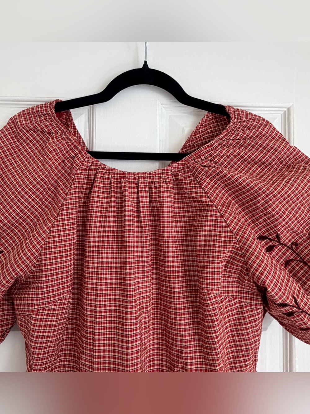 Madewell NWOT Red Gingham Embroidered Puff Sleeve Bow Back Midi Dress Size 10 - Picture 4 of 10